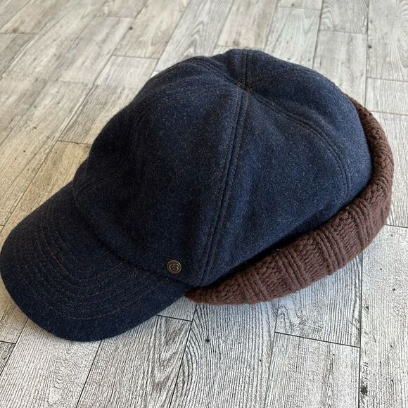Ear-Flap Hat Blue Wool brown cableknit plaid flannel lined S/M Gap Vintage - Picture 6 of 12